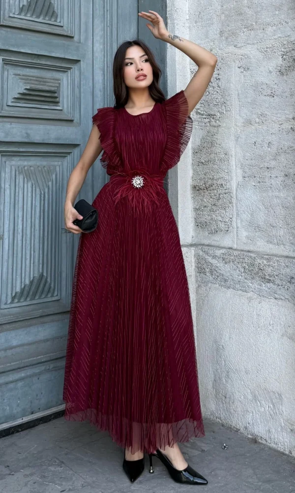 Straplez Yaka Omuz Fırfır Detaylı Kemerli Abiye Elbise 2282-Bordo