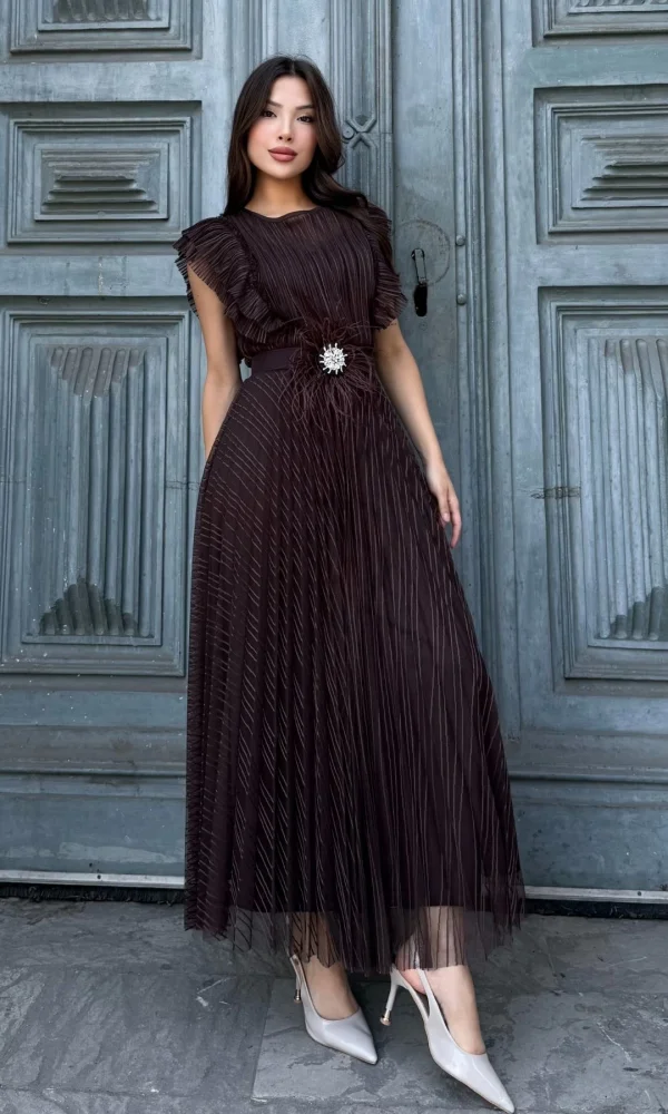 Straplez Yaka Omuz Fırfır Detaylı Kemerli Abiye Elbise 2282-Kahverengi