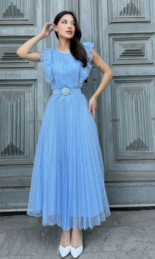 Straplez Yaka Omuz Fırfır Detaylı Kemerli Abiye Elbise 2282-Mavi