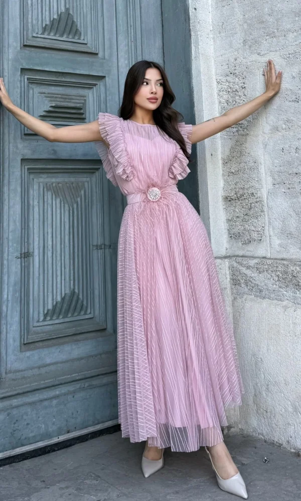 Straplez Yaka Omuz Fırfır Detaylı Kemerli Abiye Elbise 2282-Pudra