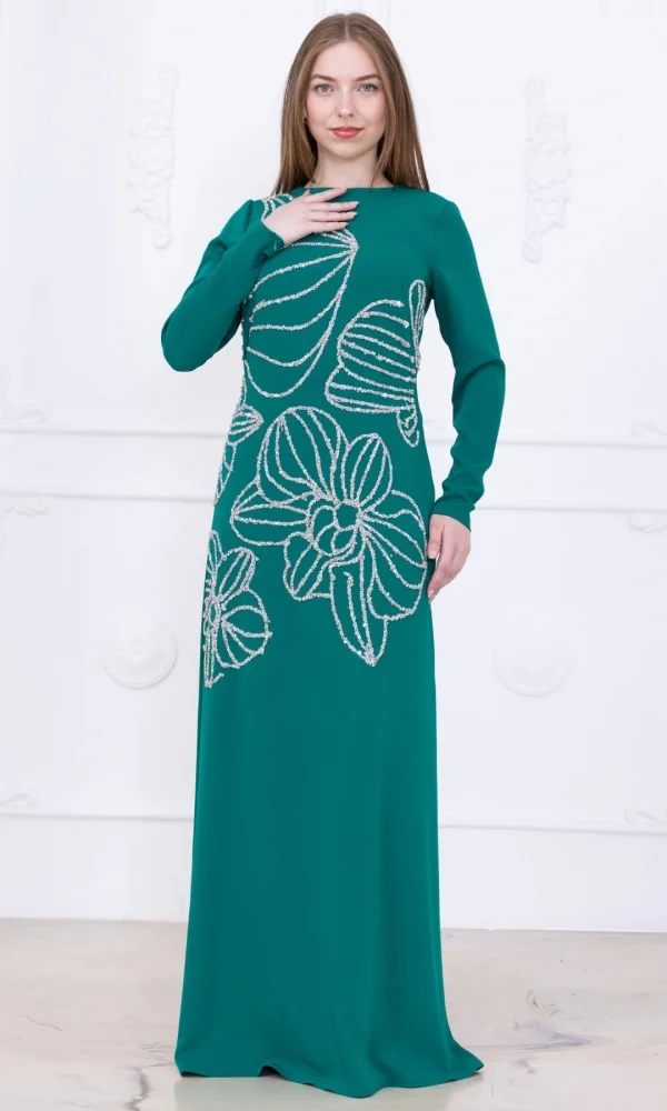 Taş Desenli Krep Abiye Elbise 2738-Zümrüt Yeşili