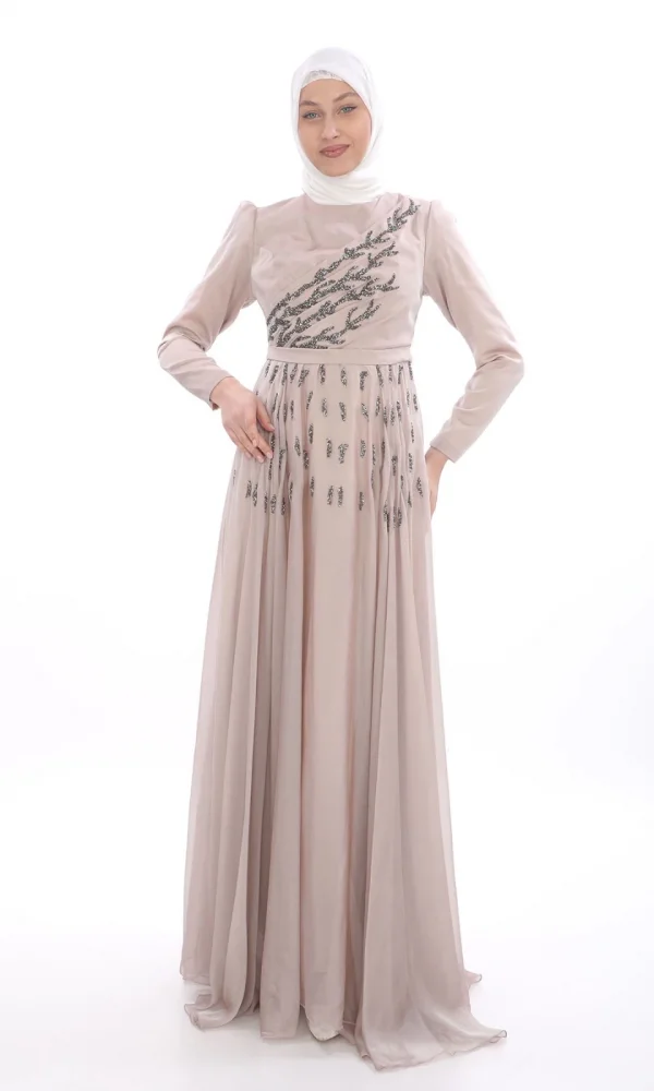 Taş İşleme Detaylı Tesettür Abiye Elbise 741-Bej
