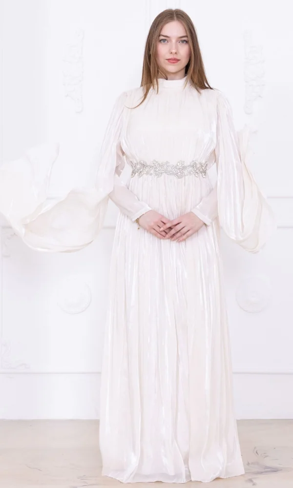 Taş ve Pelerin Detaylı Abiye Elbise 2753-Krem