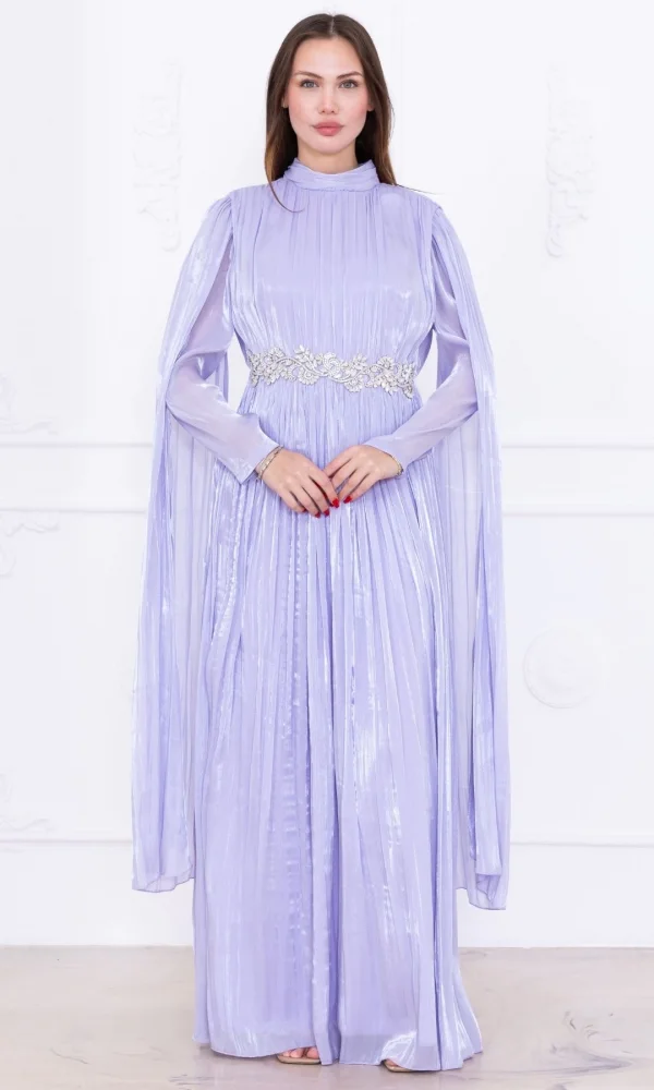 Taş ve Pelerin Detaylı Abiye Elbise 2753-Lila
