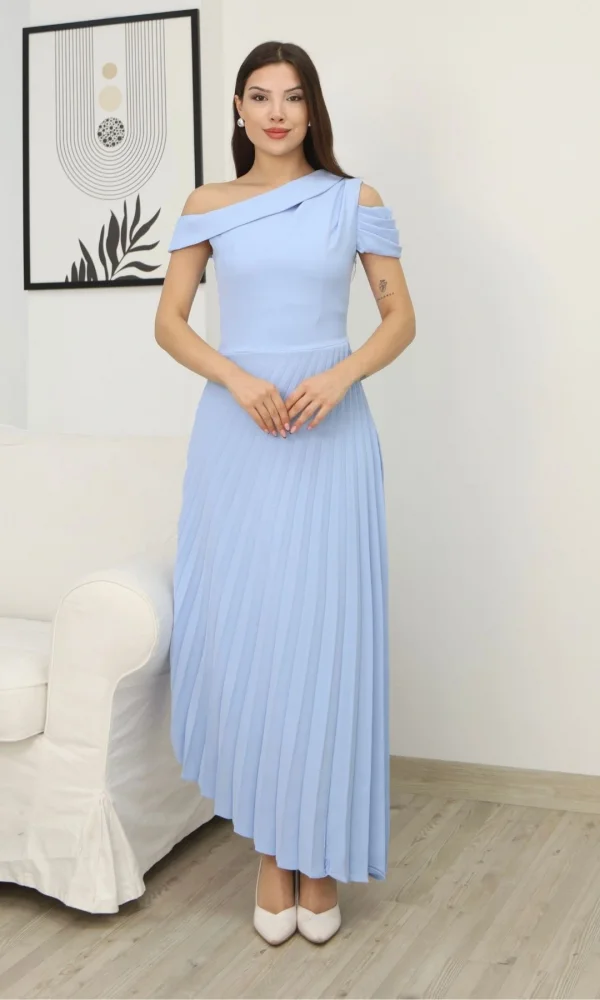 Tek Omuzlu Pilise Detaylı Asimetrik Elbise 2381-Bebe Mavisi