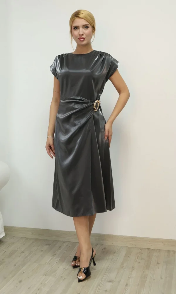 Toka ve Drape Detaylı Soft Saten Midi Elbise 6042-Antrasit
