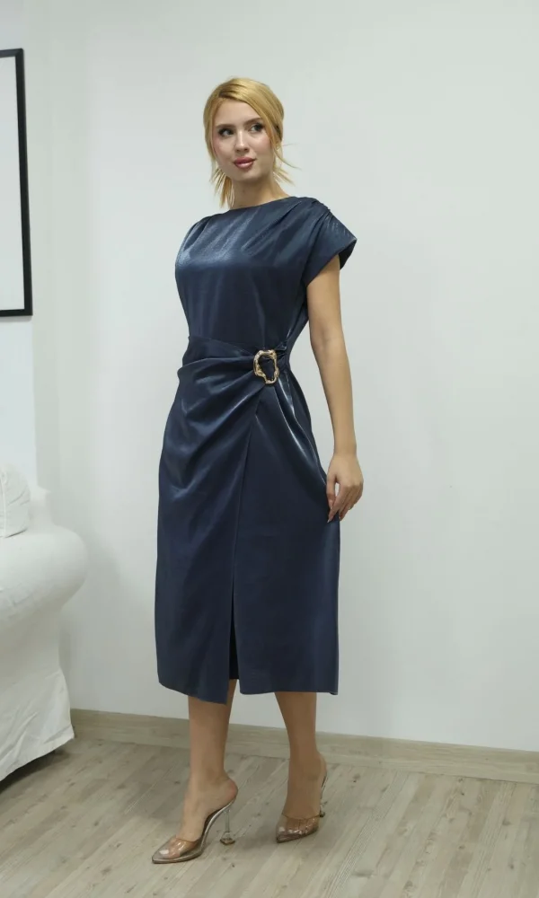 Toka ve Drape Detaylı Soft Saten Midi Elbise 6042-Lacivert