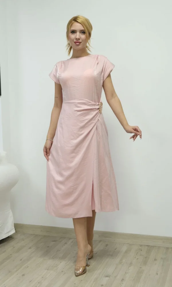 Toka ve Drape Detaylı Soft Saten Midi Elbise 6042-Pembe