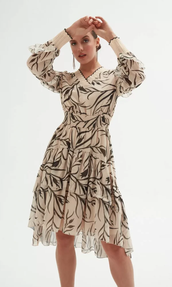 V Yaka Eteği Büzgülü Elbise 1779-Bej