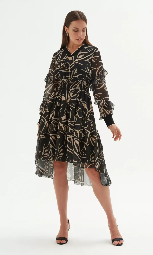 V Yaka Eteği Büzgülü Elbise 1779-Siyah/Vizon