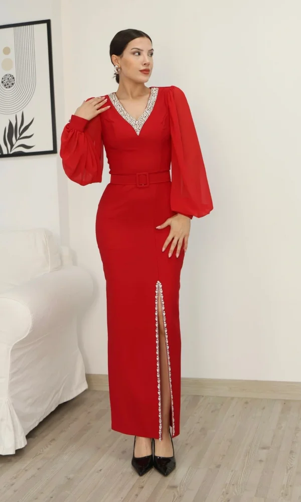 V Yaka Taş Detaylı Yırtmaçlı Balon Kol Abiye Elbise 2332-Kırmızı