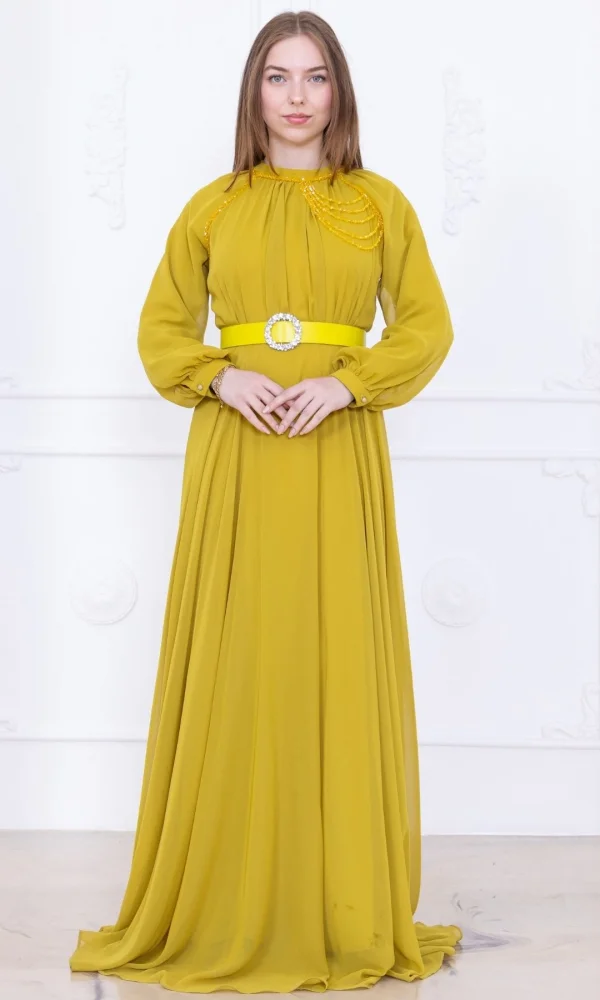 Yaka Boncuk İşlemeli Kemerli Şifon Abiye 2742-Yağ Yeşili