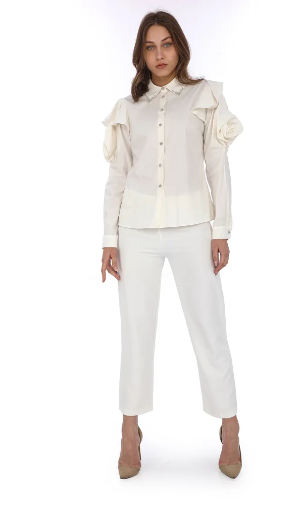Yaka Boncuk Ve Kol Detaylı Bluz 4708-Ekru