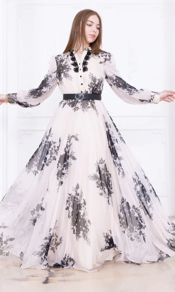 Yaka Dantel İşlemeli Şifon Abiye 2728-Siyah