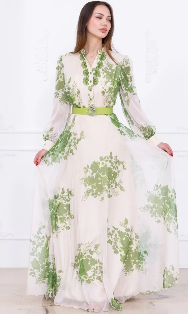 Yaka Dantel İşlemeli Şifon Abiye 2728-Yeşil