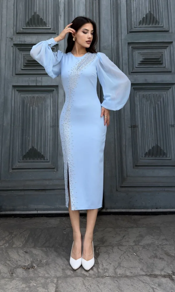 Yaka Detaylı Taş ve İnci Süslemeli Abiye Elbise 2204-Bebe Mavisi