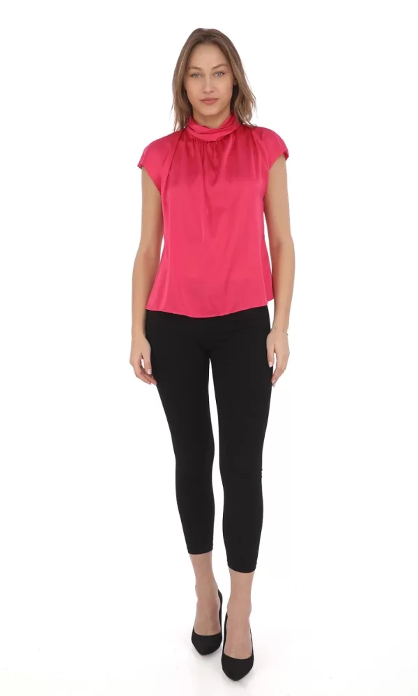 Yaka Drape Detaylı Saten Bluz 01-Fuşya