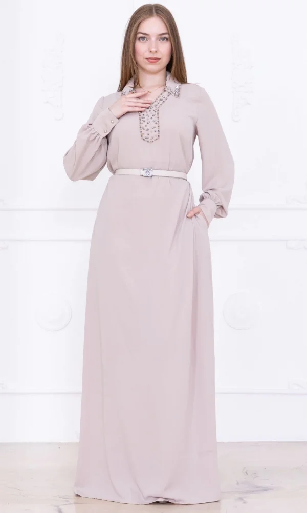 Yaka İşleme Detaylı Kemerli Rahat Form Elbise 1016-Bej