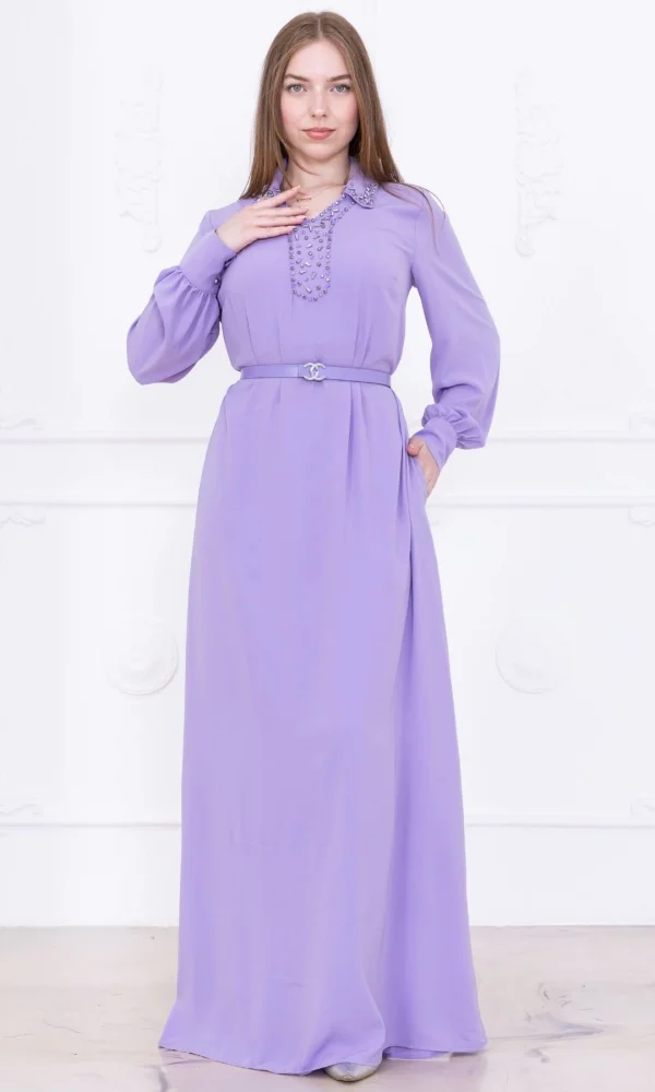 Yaka İşleme Detaylı Kemerli Rahat Form Elbise 1016-Lila