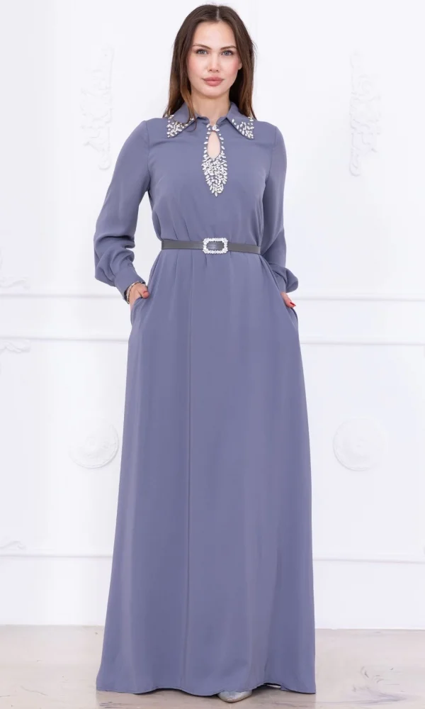 Yaka İşleme Detaylı Rahat Form Elbise 1013-Gri