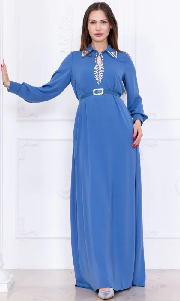 Yaka İşleme Detaylı Rahat Form Elbise 1013-İndigo