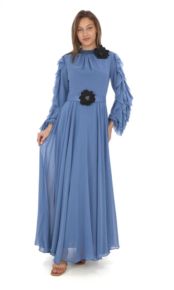 Yaka İşlemeli Kol Fırfırlı Taşlı Çiçek Detaylı Elbise 2708-İndigo