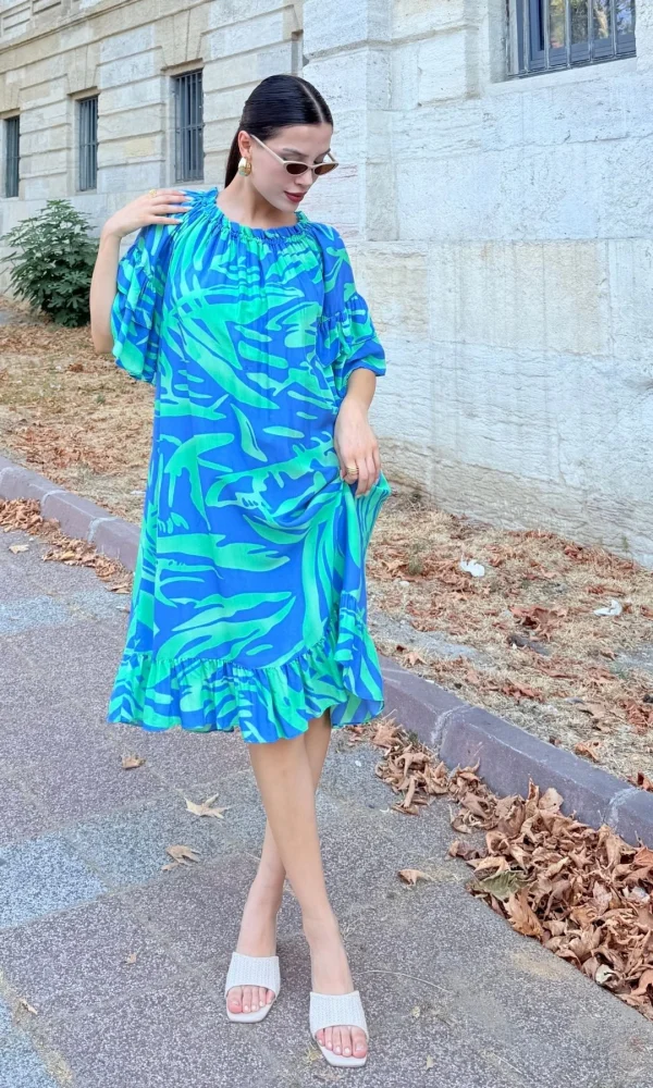 Yaka Lastikli Fırfır Detaylı Rahat Form Viskon Elbise 6024-İndigo