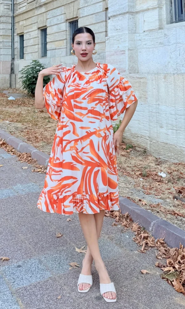 Yaka Lastikli Fırfır Detaylı Rahat Form Viskon Elbise 6024-Oranj