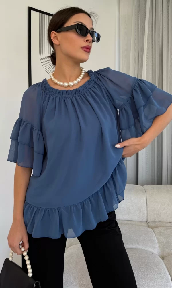 Yaka Lastikli Şifon Bluz 6022-İndigo
