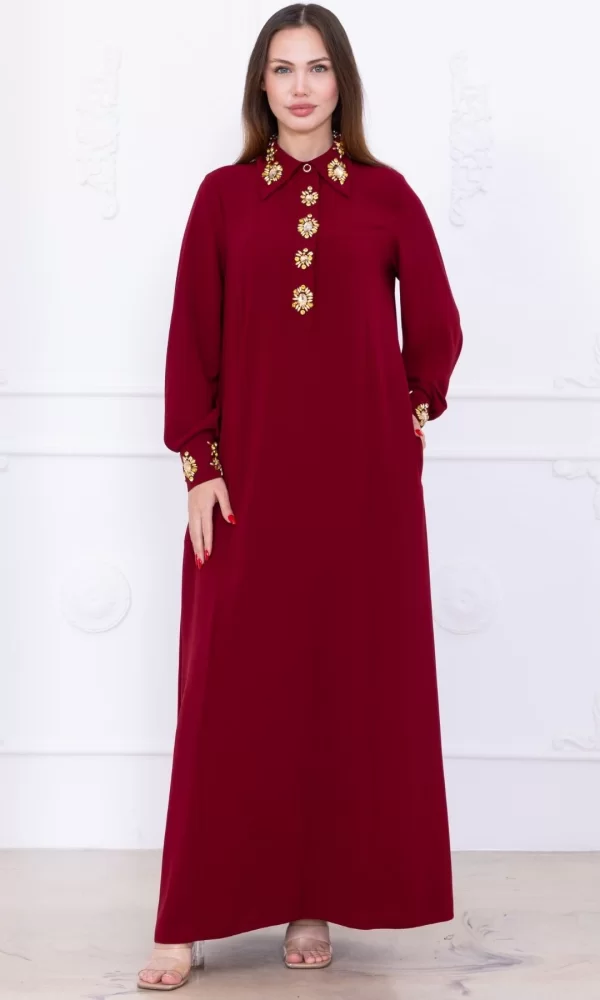 Yaka ve Manşet İşleme Detaylı Rahat Form Elbise 1014-Bordo