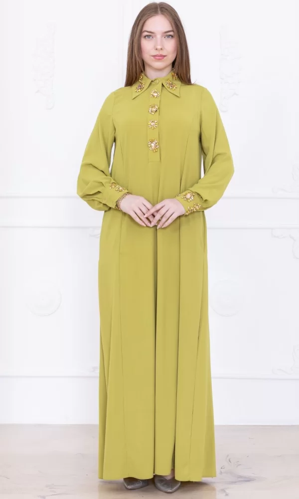 Yaka ve Manşet İşleme Detaylı Rahat Form Elbise 1014-Olive