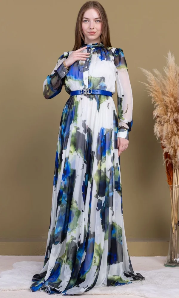 Yaka ve Omuz Boncuk İşlemeli Şifon Abiye 2704-Saks