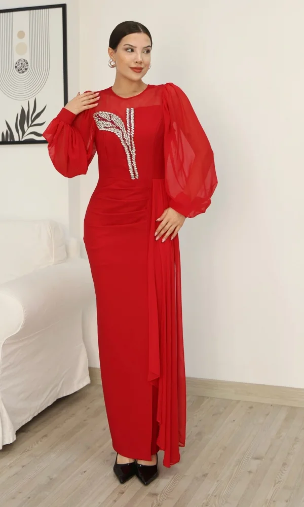 Yakası Tül Bel Detaylı Pile ve Yırtmaçlı Abiye Elbise 2313-Kırmızı