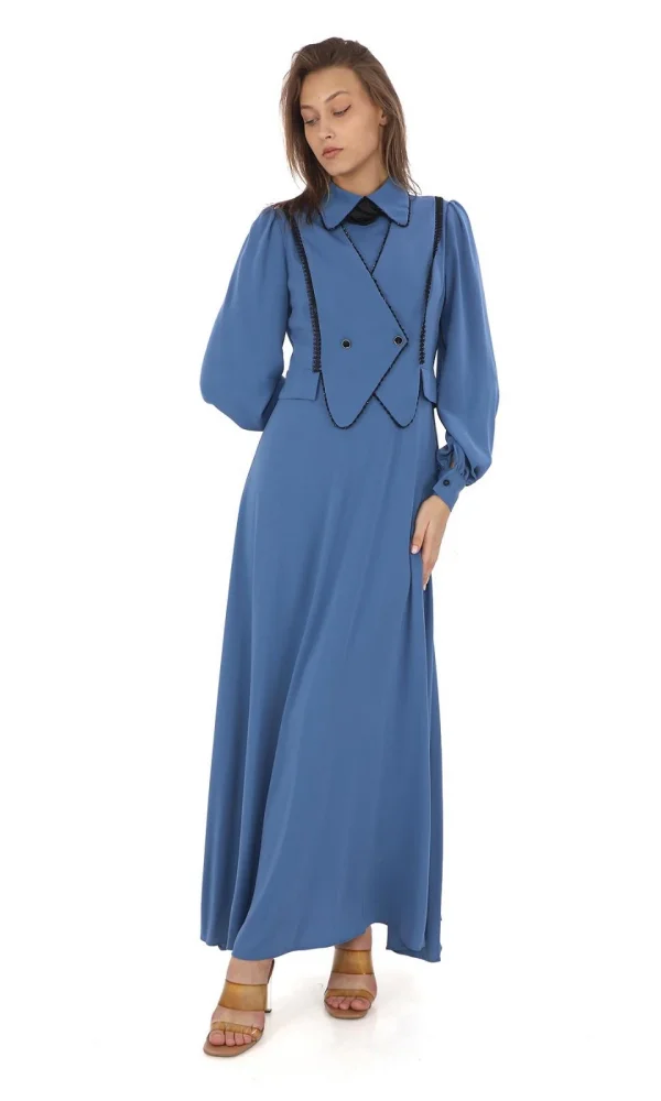 Yelek Efektli Dantel ve Boncuk İşlemli Elbise 2711-İndigo