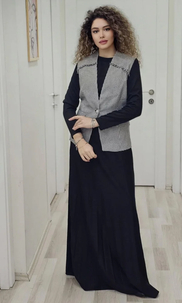 Yelekli Örme Kumaş Uzun Elbise 703-Siyah