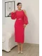 Omzu Açık Balon Kol Taş Detaylı Abiye Elbise 2261-Fuşya