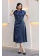 Toka ve Drape Detaylı Soft Saten Midi Elbise 6042-Lacivert