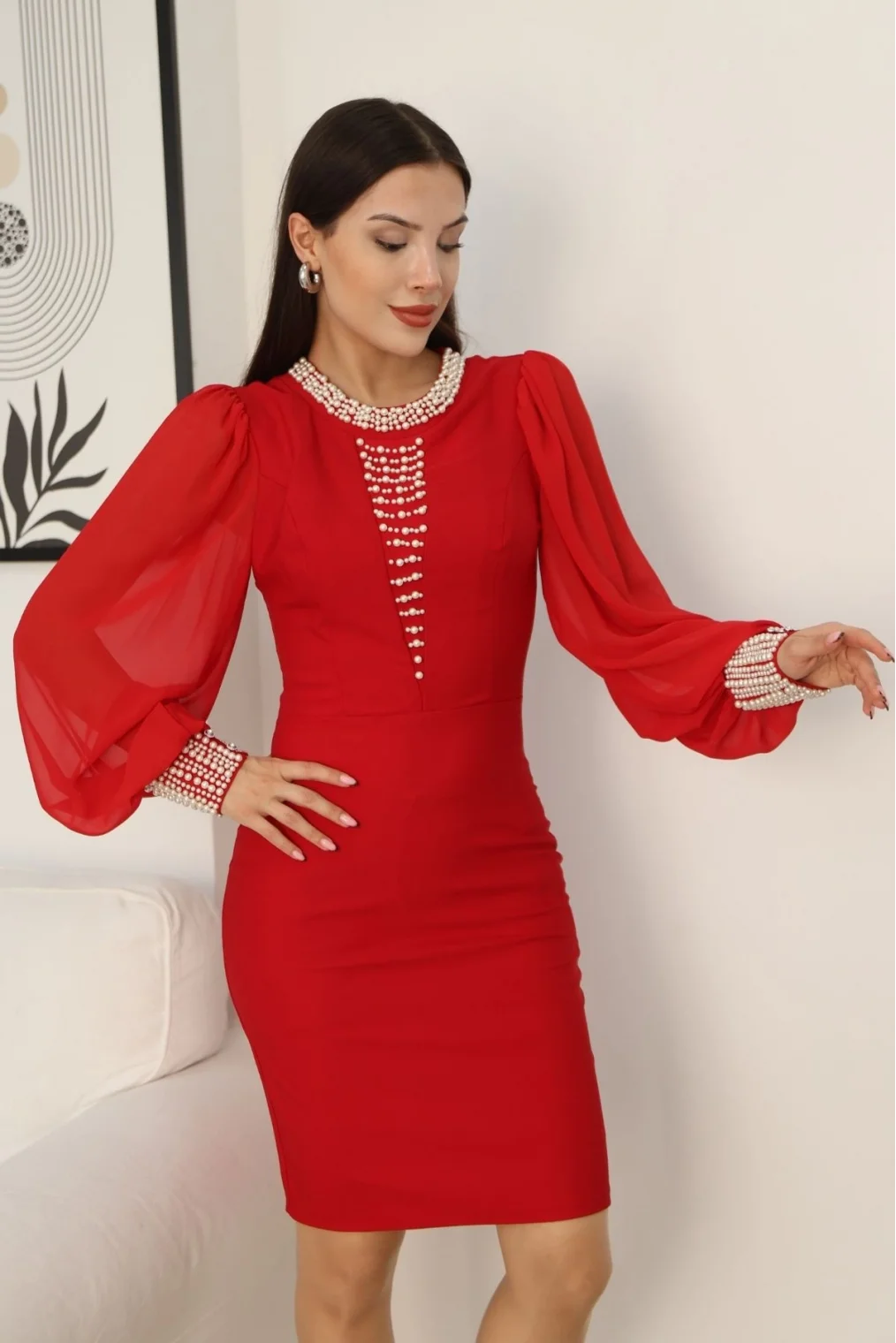 İnci Süsleme Detaylı Midi Abiye Elbise 2335-Kırmızı