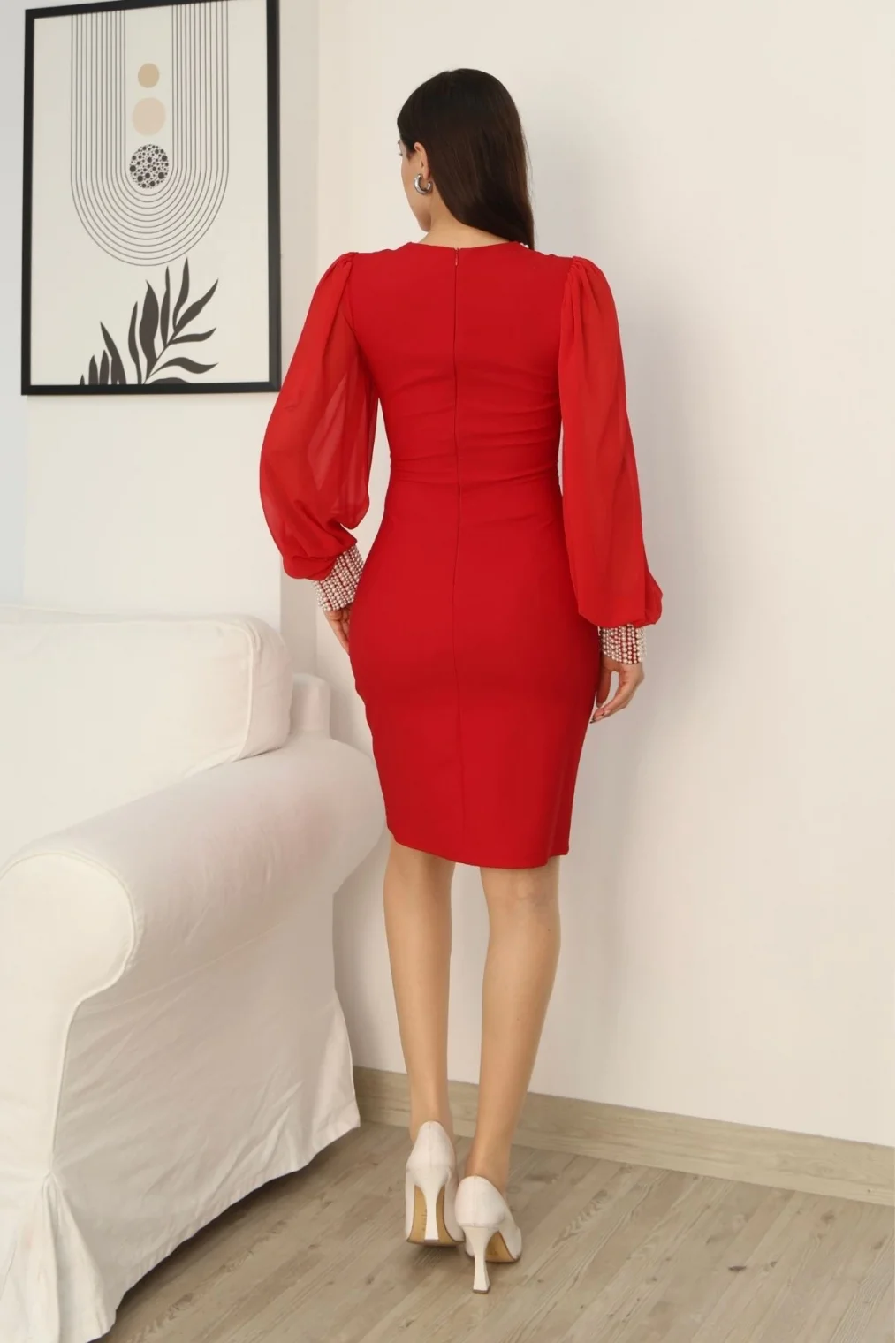 İnci Süsleme Detaylı Midi Abiye Elbise 2335-Kırmızı