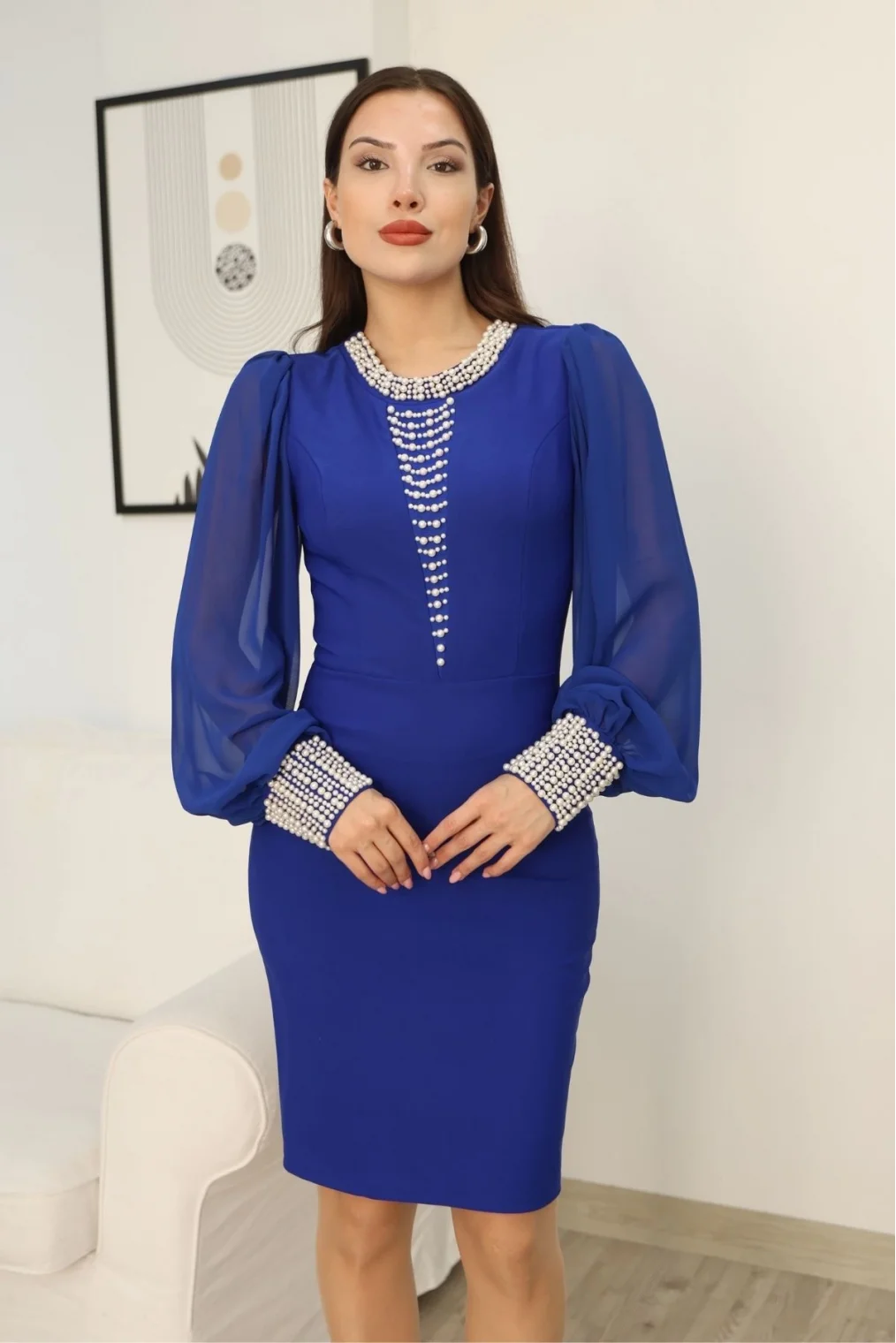 İnci Süsleme Detaylı Midi Abiye Elbise 2335-Saks