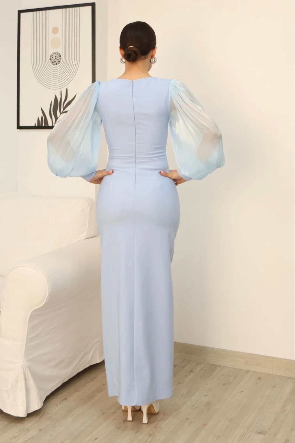 Taş Süslemeli Kare Yaka Balon Kol Yırtmaçlı Abiye Elbise 2345-Bebe Mavisi