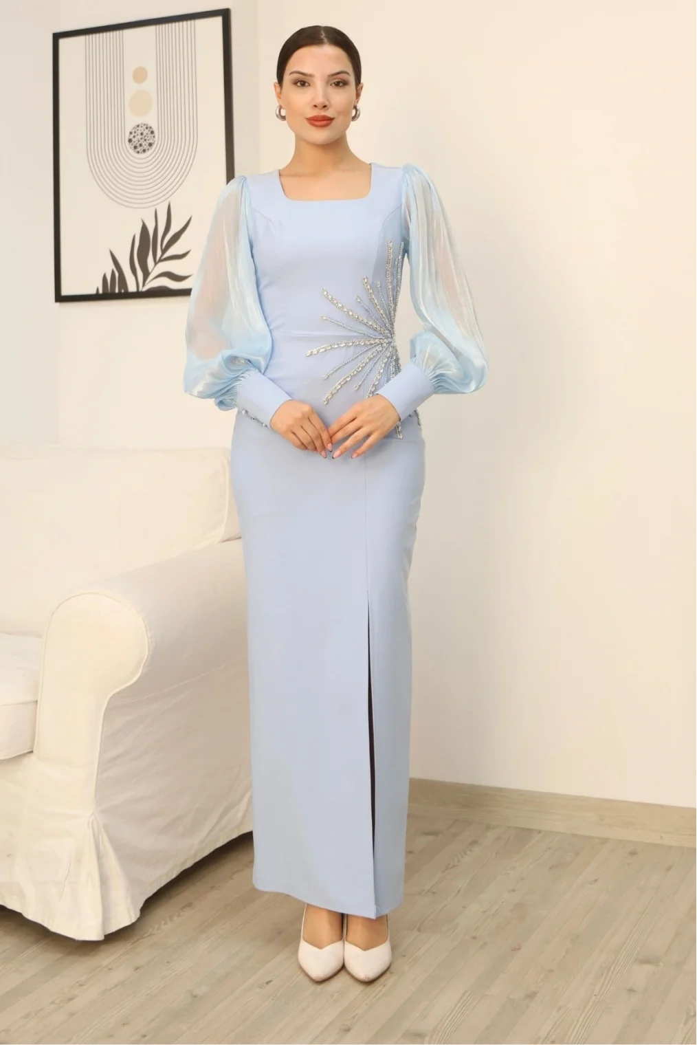 Taş Süslemeli Kare Yaka Balon Kol Yırtmaçlı Abiye Elbise 2345-Bebe Mavisi