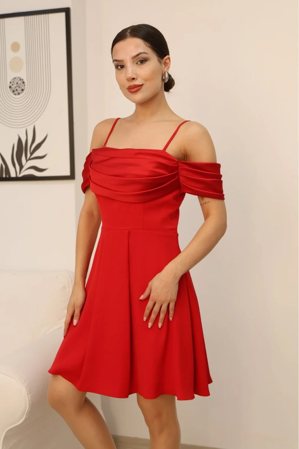 Drape Detaylı Askılı Midi Elbise 2380-Kırmızı