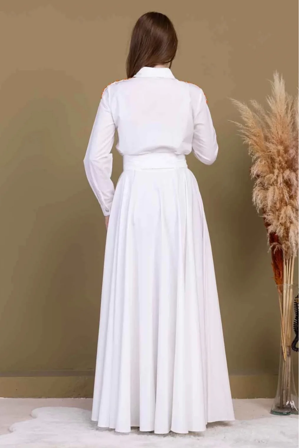 Bağlama Detaylı Boncuk İşlemeli Poplin Elbise 2723-Beyaz