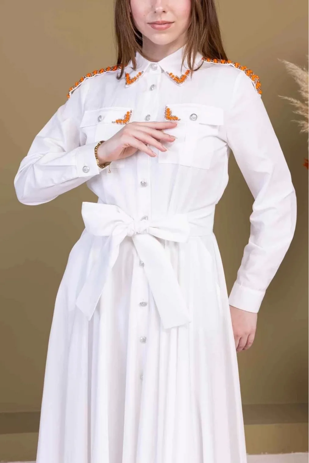Bağlama Detaylı Boncuk İşlemeli Poplin Elbise 2723-Beyaz