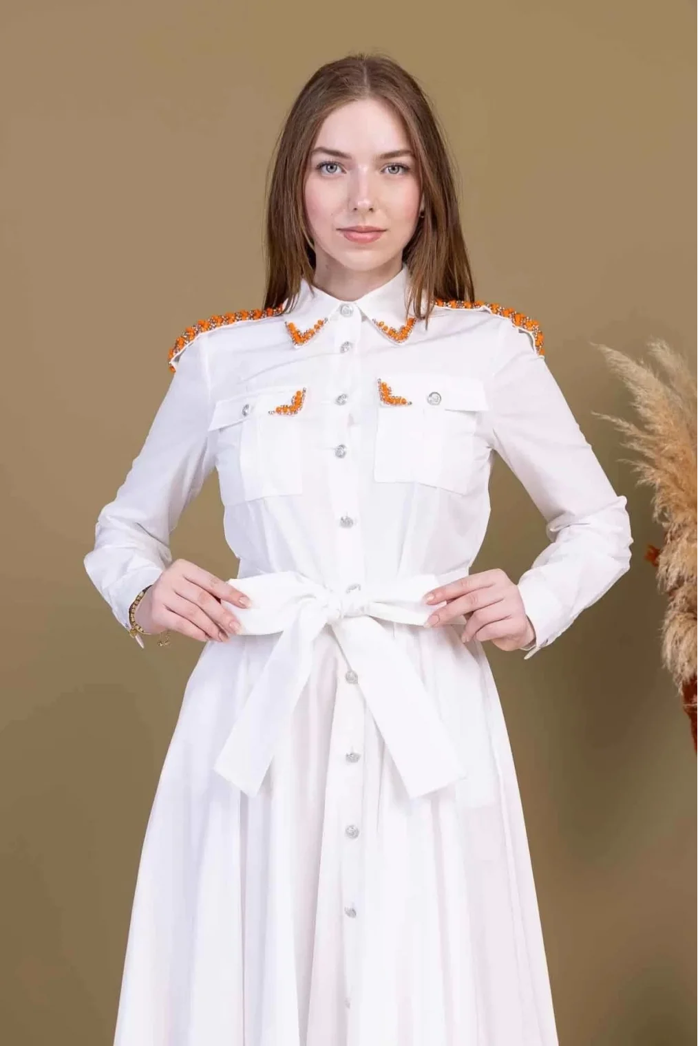 Bağlama Detaylı Boncuk İşlemeli Poplin Elbise 2723-Beyaz