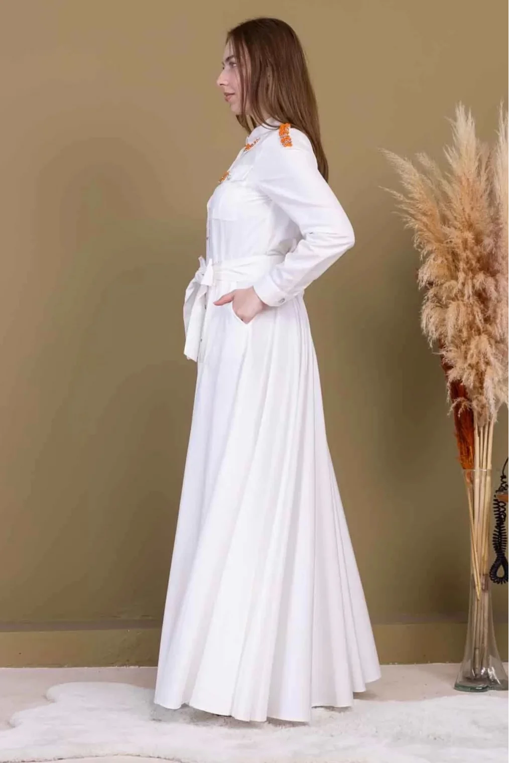 Bağlama Detaylı Boncuk İşlemeli Poplin Elbise 2723-Beyaz