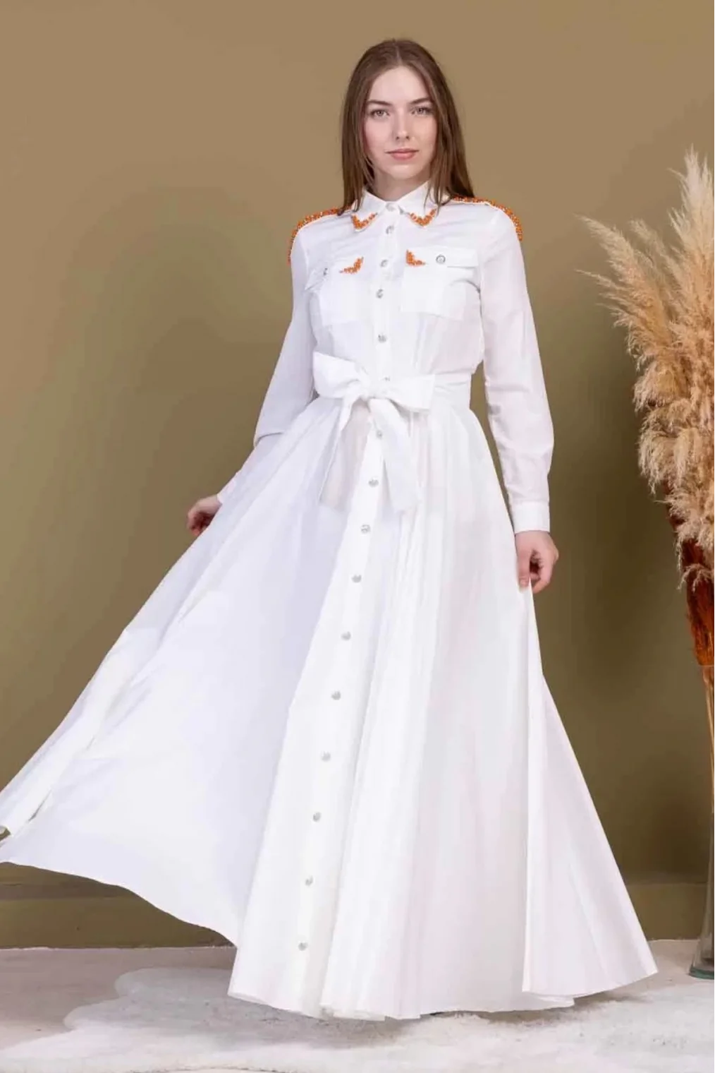 Bağlama Detaylı Boncuk İşlemeli Poplin Elbise 2723-Beyaz