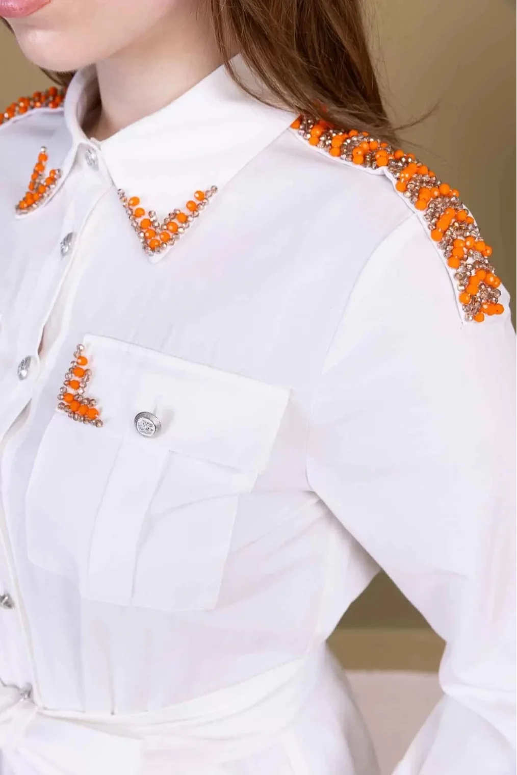 Bağlama Detaylı Boncuk İşlemeli Poplin Elbise 2723-Beyaz