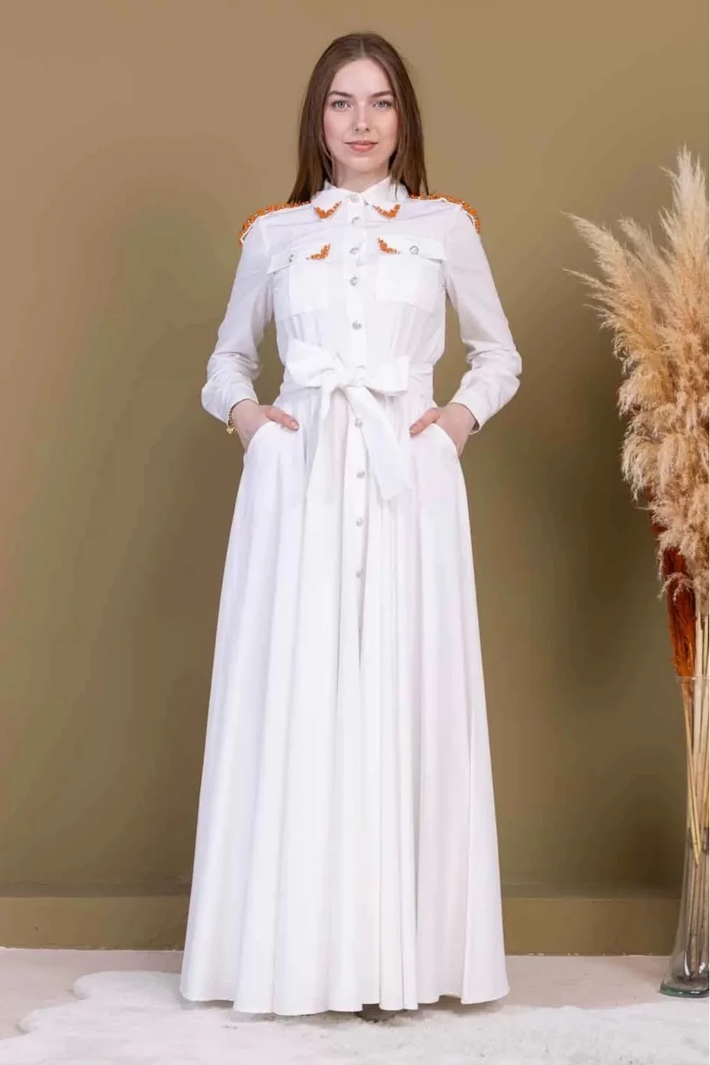 Bağlama Detaylı Boncuk İşlemeli Poplin Elbise 2723-Beyaz